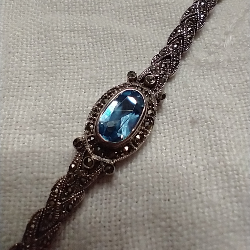 Vintage Sterling Silver, Marcasite and Blue Topaz Bracelet